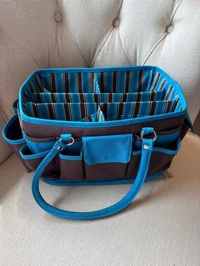 Multi-Compartment Organizer Tote Bag | Blue & Brown Storage Caddy